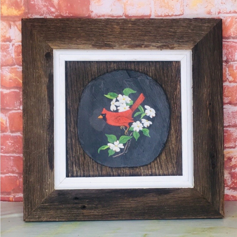 Vintage Hand Painted Cardinal on Black Slate in a heavy, Rustic Wooden Frame